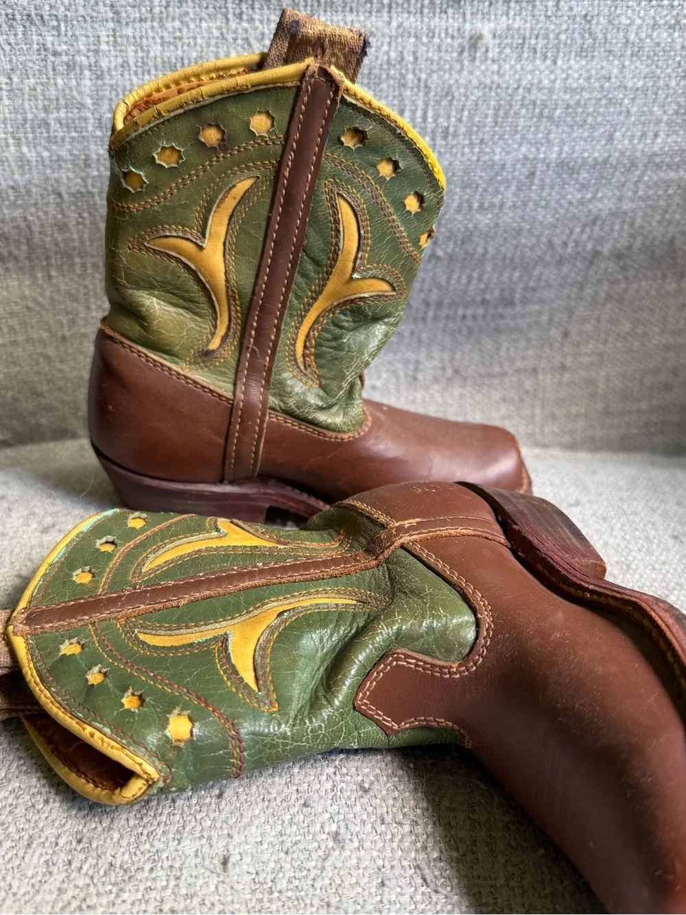 Vintage 1950s Tom Mix Kids Brown and Green Western Cowboy Boots